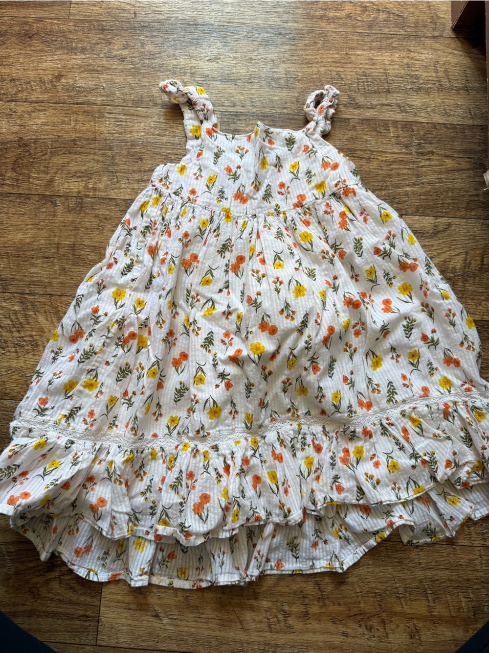 Tahari White Floral Smocked Top with Yellow & Orange Blooms